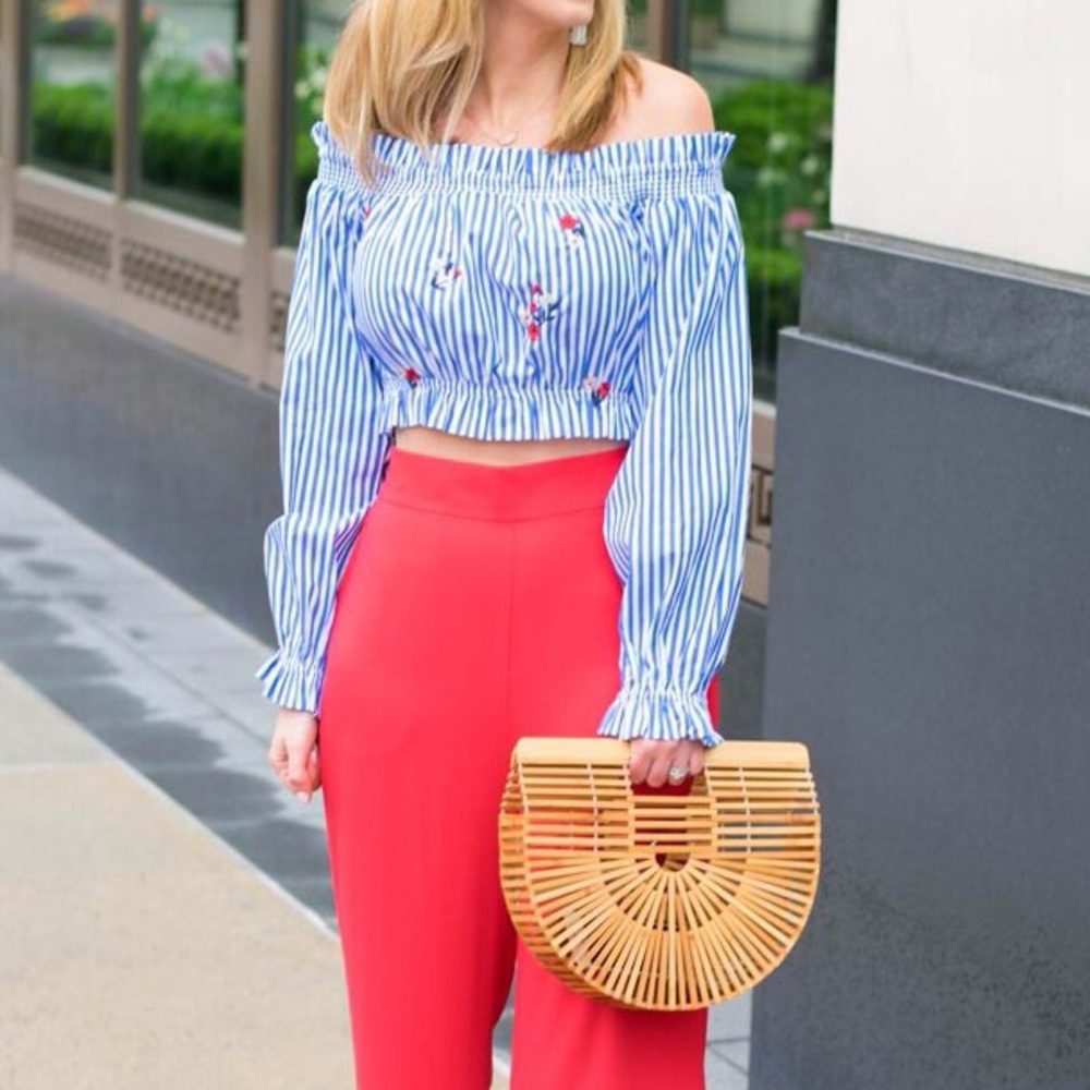 Blue and White Stripe OTS Crop Top